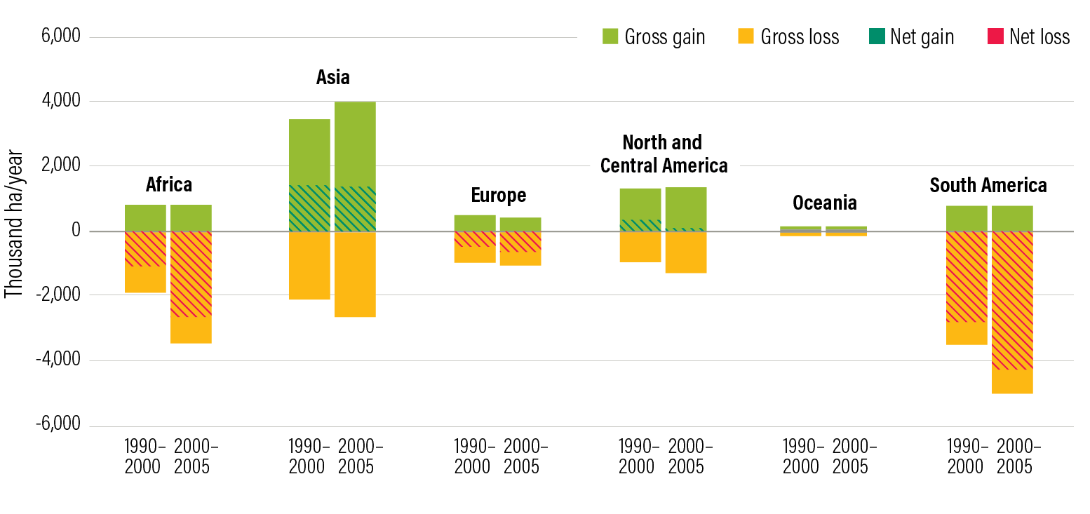 Figure 12 | Gross forest losses are far greater than net forest losses because agricultural lands are shifting
